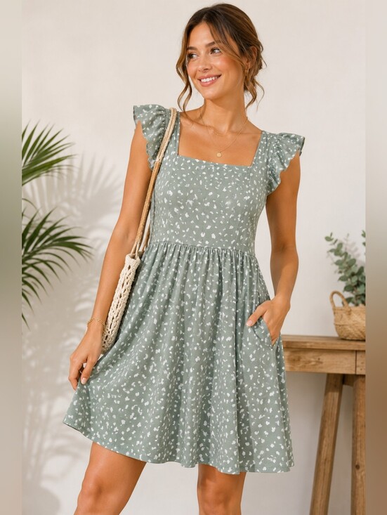 Naggoo Dresses & Skirts - 🌿 NWT Naggoo Sage Green Flutter Sleeve Mini Dress | Cottagecore | Pockets | Siz